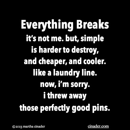 Everything Breaks it’s not me. but, simple is harder to destroy, and cheaper, and cooler. like a laundry line. now, i’m sorry. i threw away those perfectly good pins.